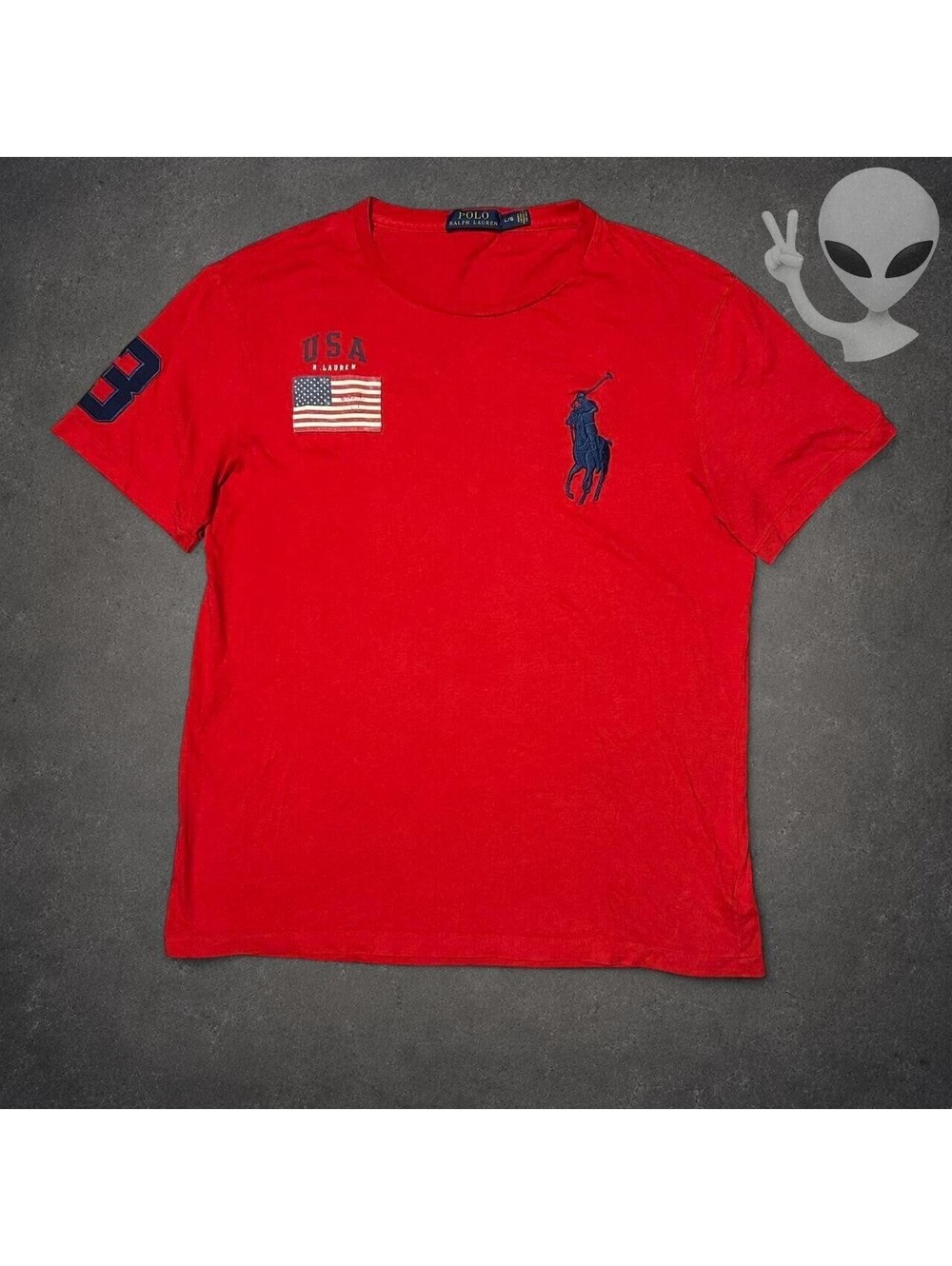 Polo Ralph Lauren T-Shirt Mens US L Red Big Pony USA American Flag Patch
